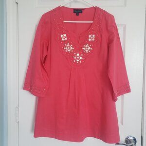 BODEN Boho Tunic Top Size 14 Coral Beaded Embellished Oversized Peasant Hippie